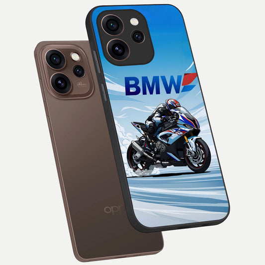 BMW Power Drift phone case For Oppo Reno 15 Pro showing premium glass back cover with detailed artwork