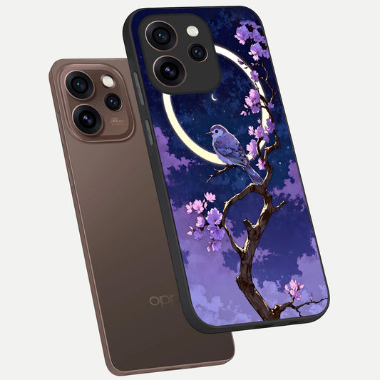 Celestial Bird Blossom phone case For Oppo Reno 15 Pro showing premium glass back cover with detailed artwork