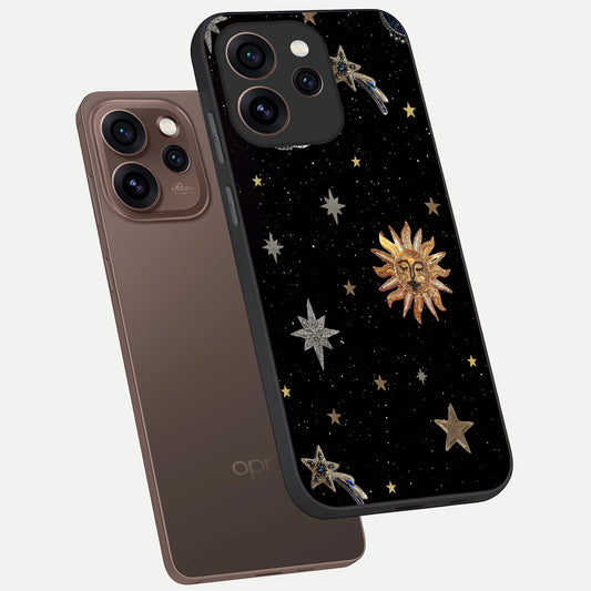 Celestial Moon With Stars phone case For Oppo Reno 15 Pro showing premium glass back cover with detailed artwork