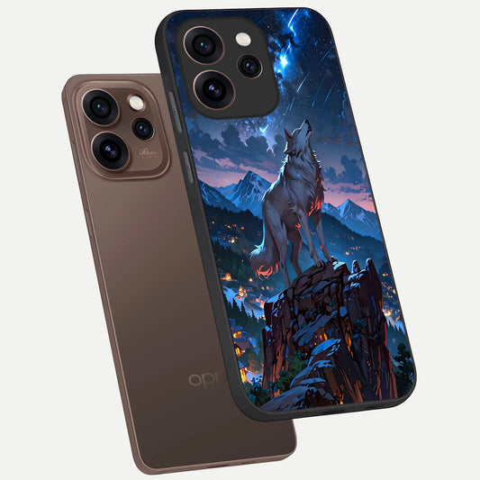 Celestial Wolf Howl phone case For Oppo Reno 15 Pro showing premium glass back cover with detailed artwork