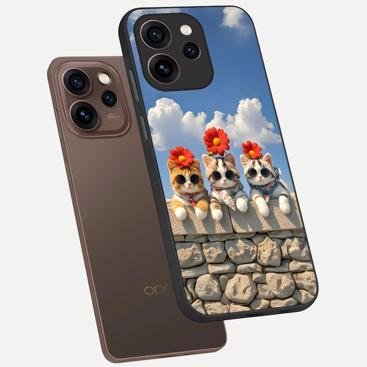 Floral Kitty Squad phone case For Oppo Reno 15 Pro showing premium glass back cover with detailed artwork