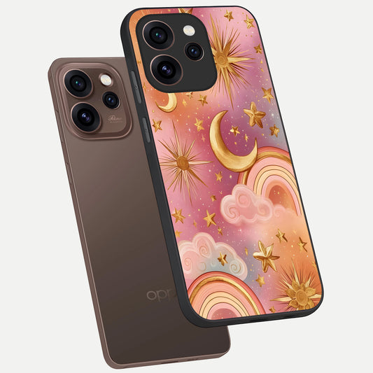 Golden Celestial Dreams phone case For Oppo Reno 15 Pro showing premium glass back cover with detailed artwork