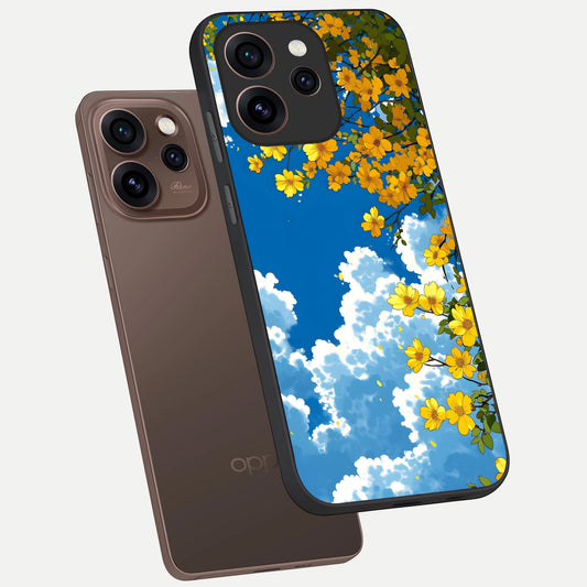 Golden Petal Sky phone case For Oppo Reno 15 Pro showing premium glass back cover with detailed artwork