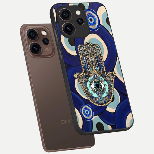 Hamsa Divine Guard phone case For Oppo Reno 15 Pro showing premium glass back cover with detailed artwork