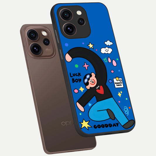 Happy Luck Vibe phone case For Oppo Reno 15 Pro showing premium glass back cover with detailed artwork