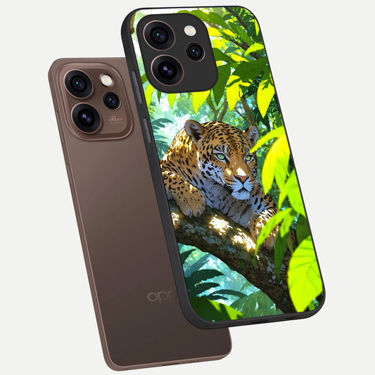 Leopard in Jungle phone case For Oppo Reno 15 Pro showing premium glass back cover with detailed artwork
