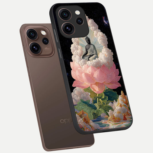 Lotus Divine Peace phone case For Oppo Reno 15 Pro showing premium glass back cover with detailed artwork