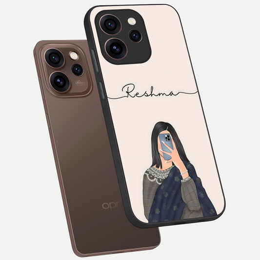Mirror Mood Muse With Custom Name phone case For Oppo Reno 15 Pro showing premium glass back cover with detailed artwork