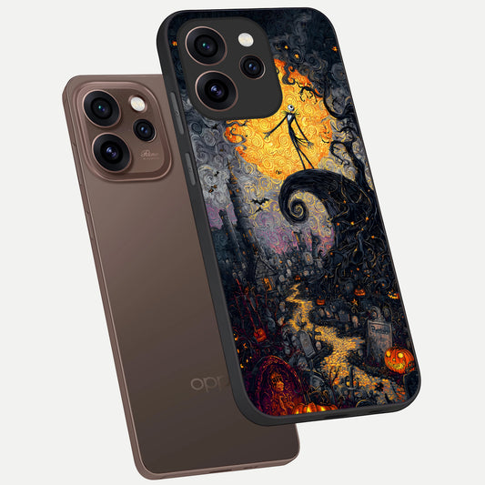 Pumpkin Moon Night phone case For Oppo Reno 15 Pro showing premium glass back cover with detailed artwork