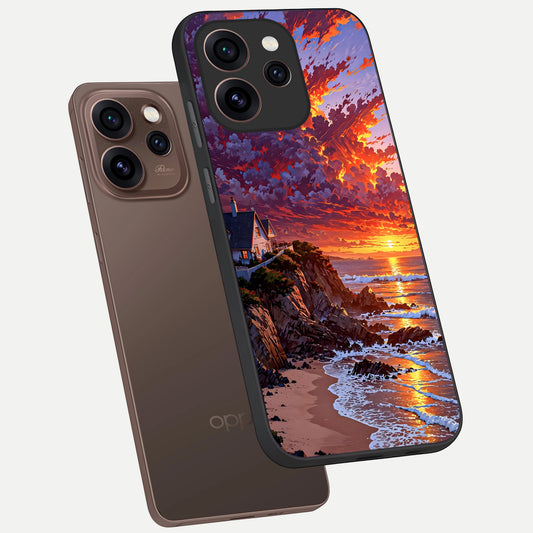 Sunset House By Sea phone case For Oppo Reno 15 Pro showing premium glass back cover with detailed artwork