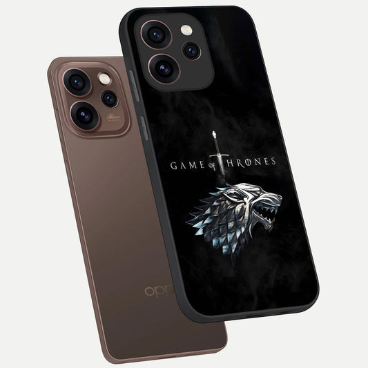 Throne Wolf Legacy phone case For Oppo Reno 15 Pro showing premium glass back cover with detailed artwork