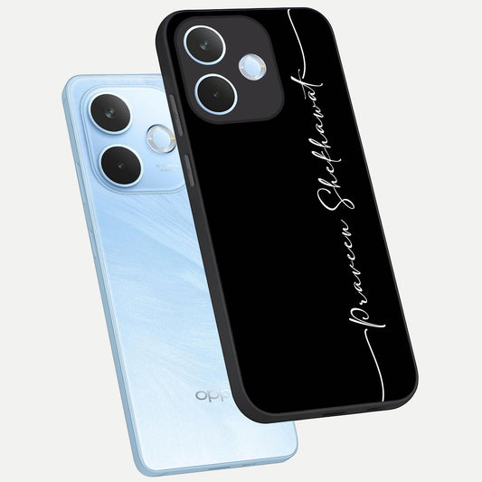 Black Tune Custom Name phone case For Oppo Reno 15 Pro mini showing premium glass back cover with detailed artwork