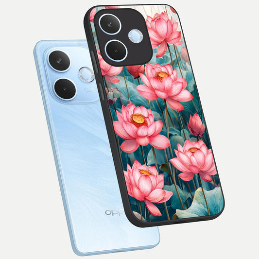 Celestial Pink Lotus phone case For Oppo Reno 15 Pro mini showing premium glass back cover with detailed artwork
