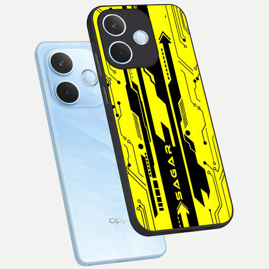 Electric Pulse CYBERPUNK Custom Name phone case For Oppo Reno 15 Pro mini showing premium glass back cover with detailed artwork