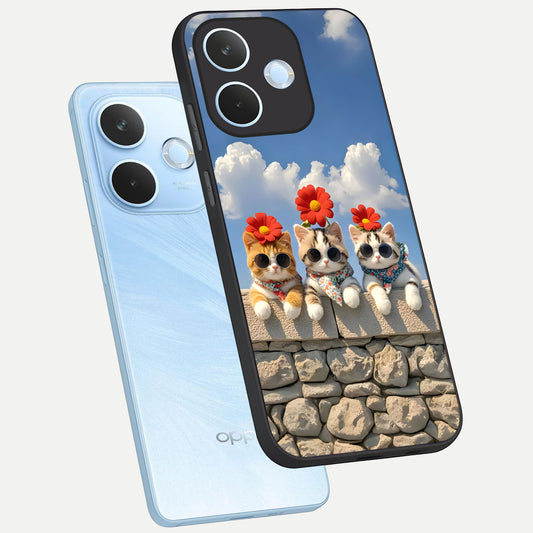 Floral Kitty Squad phone case For Oppo Reno 15 Pro mini showing premium glass back cover with detailed artwork