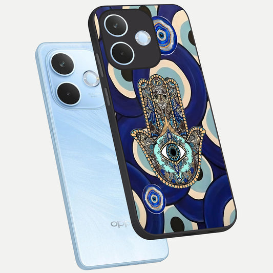 Hamsa Divine Guard phone case For Oppo Reno 15 Pro mini showing premium glass back cover with detailed artwork