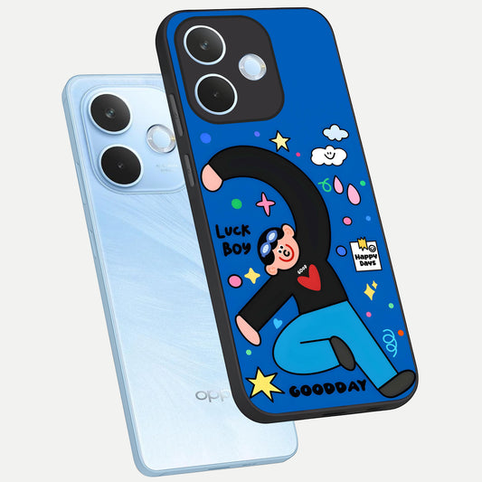 Happy Luck Vibe phone case For Oppo Reno 15 Pro mini showing premium glass back cover with detailed artwork