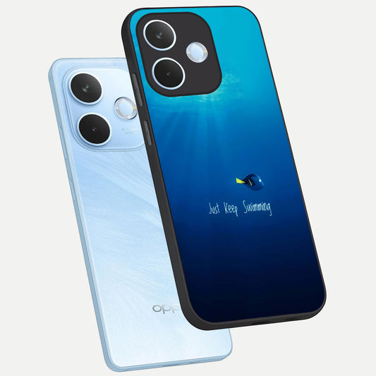 Just Keep Swimming phone case For Oppo Reno 15 Pro mini showing premium glass back cover with detailed artwork
