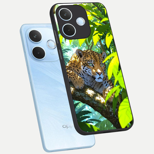 Leopard in Jungle phone case For Oppo Reno 15 Pro mini showing premium glass back cover with detailed artwork