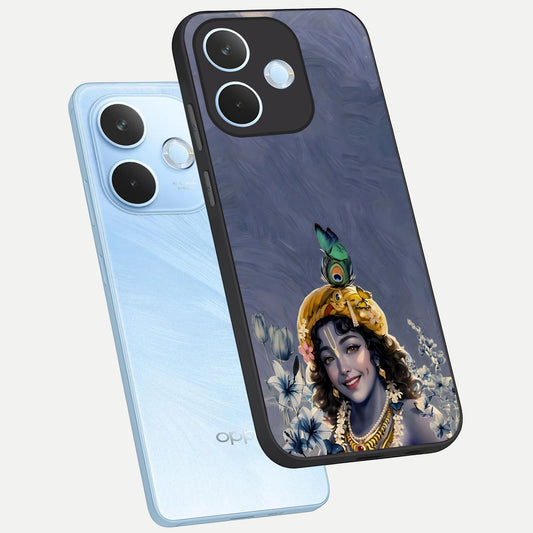 Lord Krishna phone case For Oppo Reno 15 Pro mini showing premium glass back cover with detailed artwork