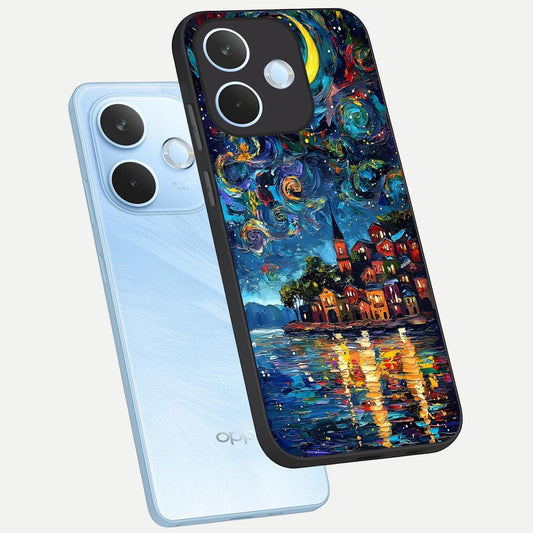 Moonlight Harbor Glow phone case For Oppo Reno 15 Pro mini showing premium glass back cover with detailed artwork