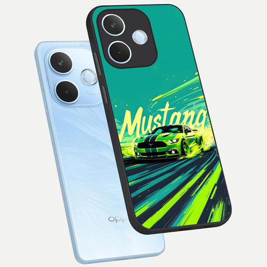 Mustang Bang phone case For Oppo Reno 15 Pro mini showing premium glass back cover with detailed artwork