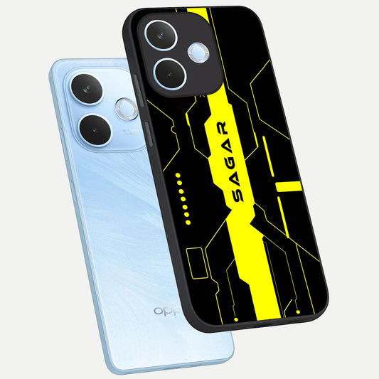 Neon CYBERPUNK Custom Name phone case For Oppo Reno 15 Pro mini showing premium glass back cover with detailed artwork