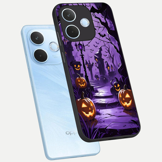 Pumpkin Patch Halloween phone case For Oppo Reno 15 Pro mini showing premium glass back cover with detailed artwork