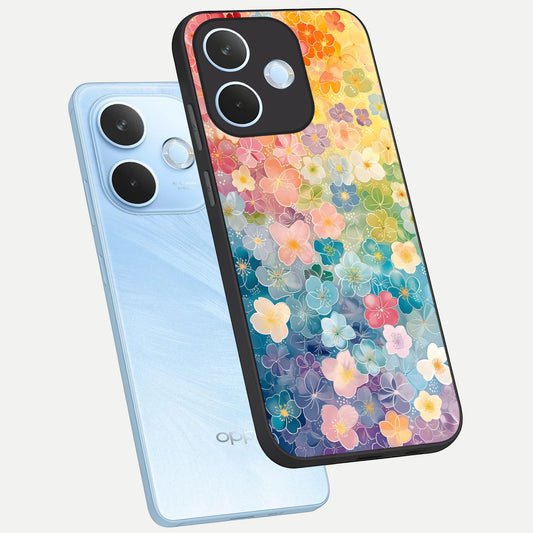 Rainbow Blossom Burst phone case For Oppo Reno 15 Pro mini showing premium glass back cover with detailed artwork