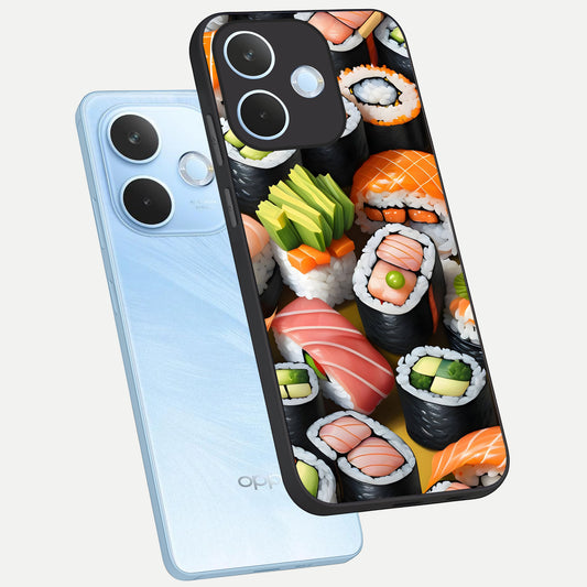 Sushi Food Pattern phone case For Oppo Reno 15 Pro mini showing premium glass back cover with detailed artwork