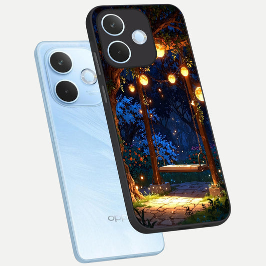 Twilight Garden Swing phone case For Oppo Reno 15 Pro mini showing premium glass back cover with detailed artwork