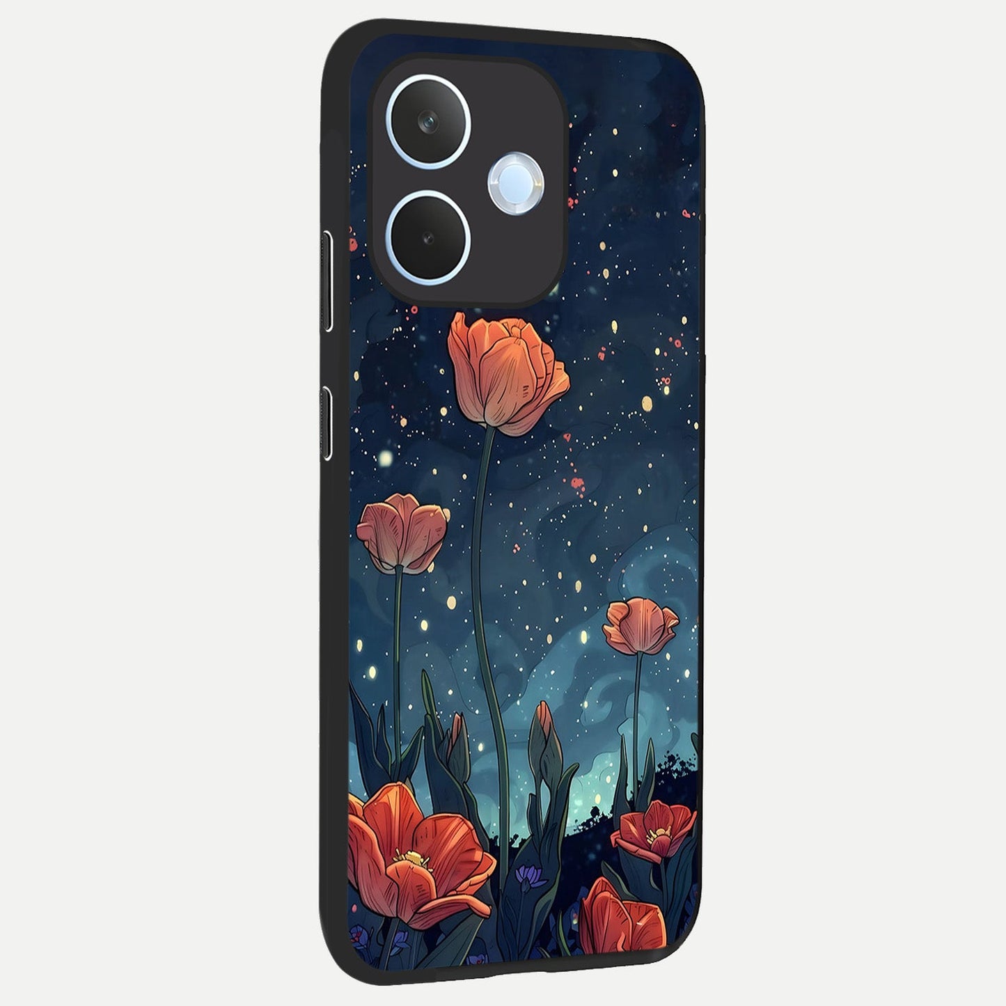 Midnight Tulip Glow back cover For Oppo Reno 15 Pro mini slim fit glass case with vibrant aesthetic design