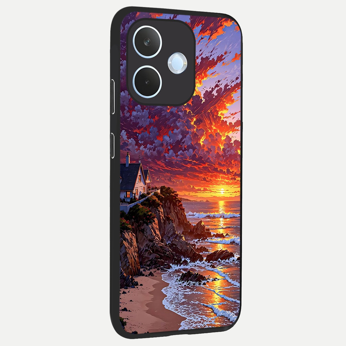Sunset House By Sea back cover For Oppo Reno 15 Pro mini slim fit glass case with vibrant aesthetic design