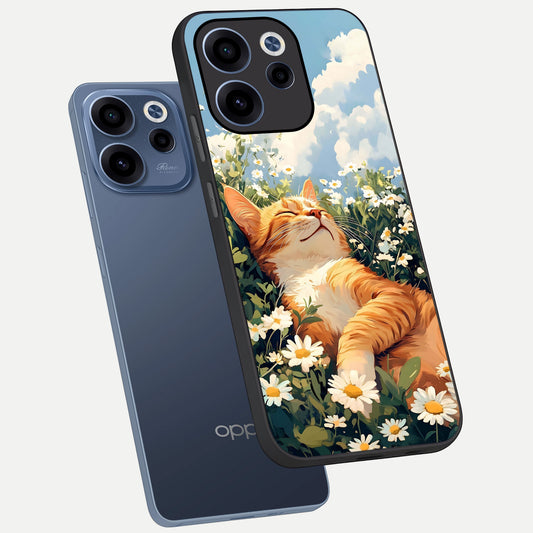 Cat And Flowers View phone case For Oppo Reno 15c showing premium glass back cover with detailed artwork