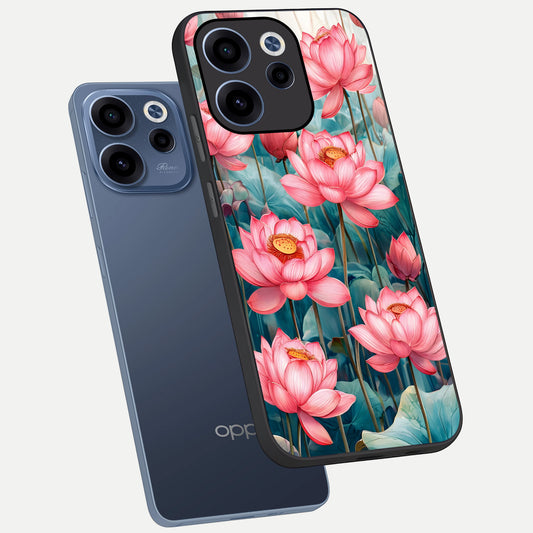 Celestial Pink Lotus phone case For Oppo Reno 15c showing premium glass back cover with detailed artwork