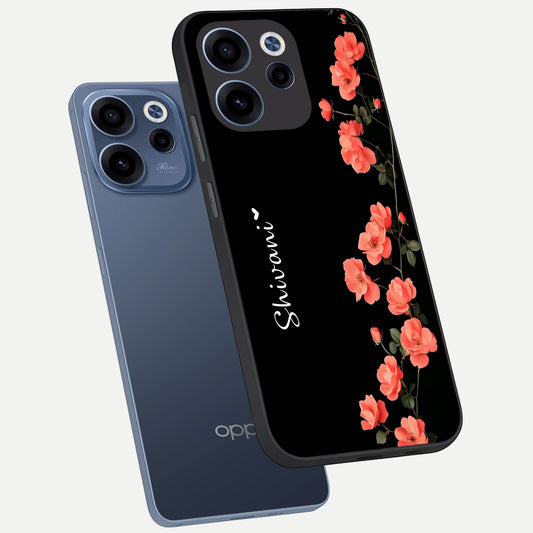 Crimson Bloom Grace Custom Name phone case For Oppo Reno 15c showing premium glass back cover with detailed artwork