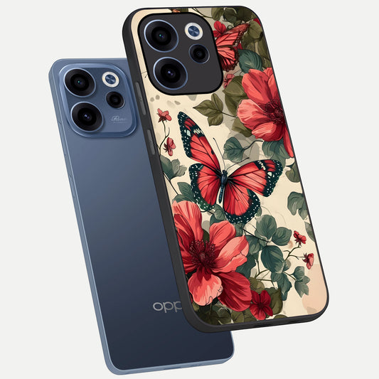 Crimson Butterfly Garden phone case For Oppo Reno 15c showing premium glass back cover with detailed artwork