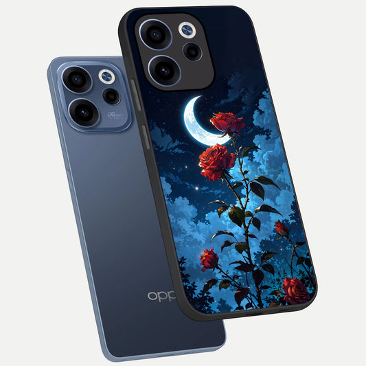 Crimson Rose Moon phone case For Oppo Reno 15c showing premium glass back cover with detailed artwork