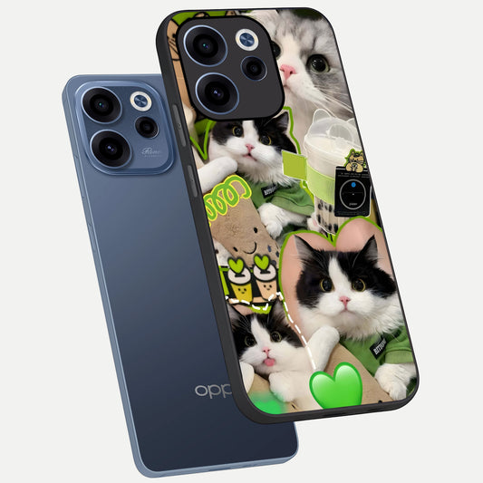 Matcha Cats Mood phone case For Oppo Reno 15c showing premium glass back cover with detailed artwork