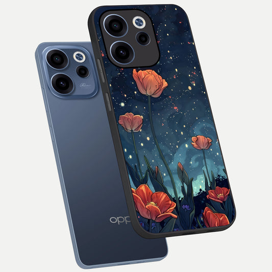 Midnight Tulip Glow phone case For Oppo Reno 15c showing premium glass back cover with detailed artwork