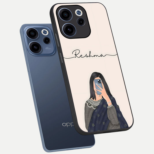 Mirror Mood Muse With Custom Name phone case For Oppo Reno 15c showing premium glass back cover with detailed artwork