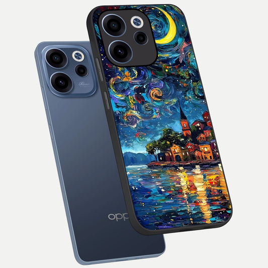 Moonlight Harbor Glow phone case For Oppo Reno 15c showing premium glass back cover with detailed artwork