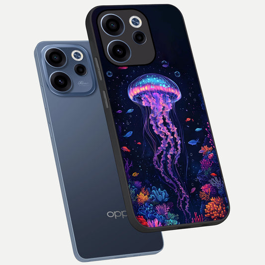 Neon Jellyfish phone case For Oppo Reno 15c showing premium glass back cover with detailed artwork