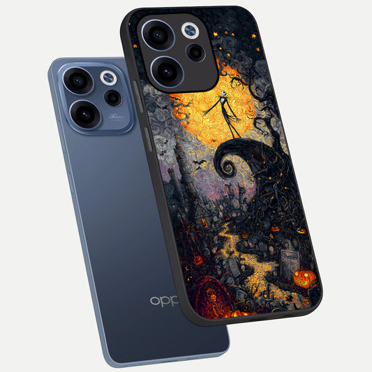 Pumpkin Moon Night phone case For Oppo Reno 15c showing premium glass back cover with detailed artwork