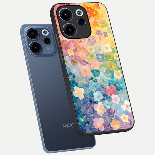 Rainbow Blossom Burst phone case For Oppo Reno 15c showing premium glass back cover with detailed artwork