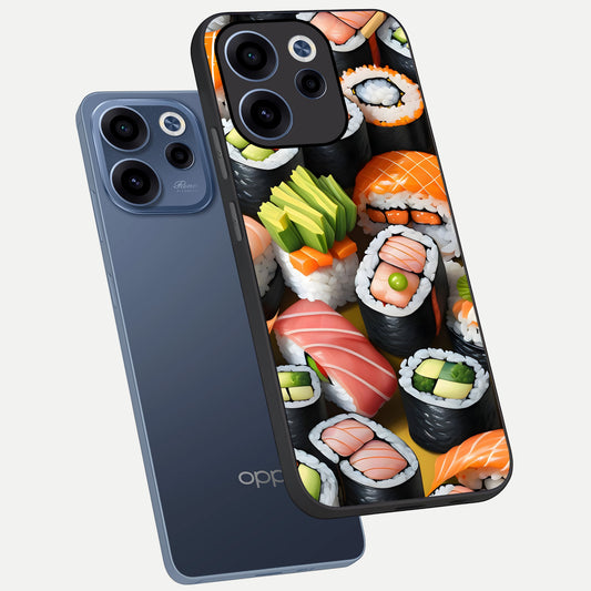 Sushi Food Pattern phone case For Oppo Reno 15c showing premium glass back cover with detailed artwork