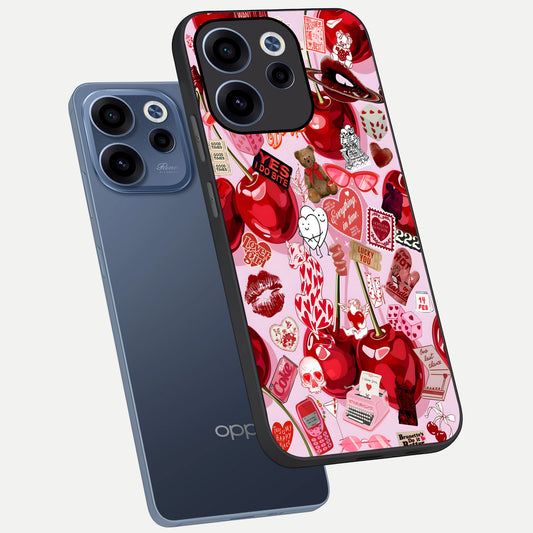 Sweet Cherry Chaos phone case For Oppo Reno 15c showing premium glass back cover with detailed artwork