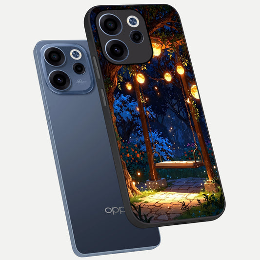 Twilight Garden Swing phone case For Oppo Reno 15c showing premium glass back cover with detailed artwork