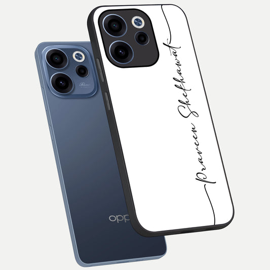 White Tune Custom Name phone case For Oppo Reno 15c showing premium custom name glass back cover