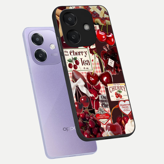 Aesthetic Cherry Tea phone case For Oppo A3x 5G showing premium glass back cover with detailed artwork